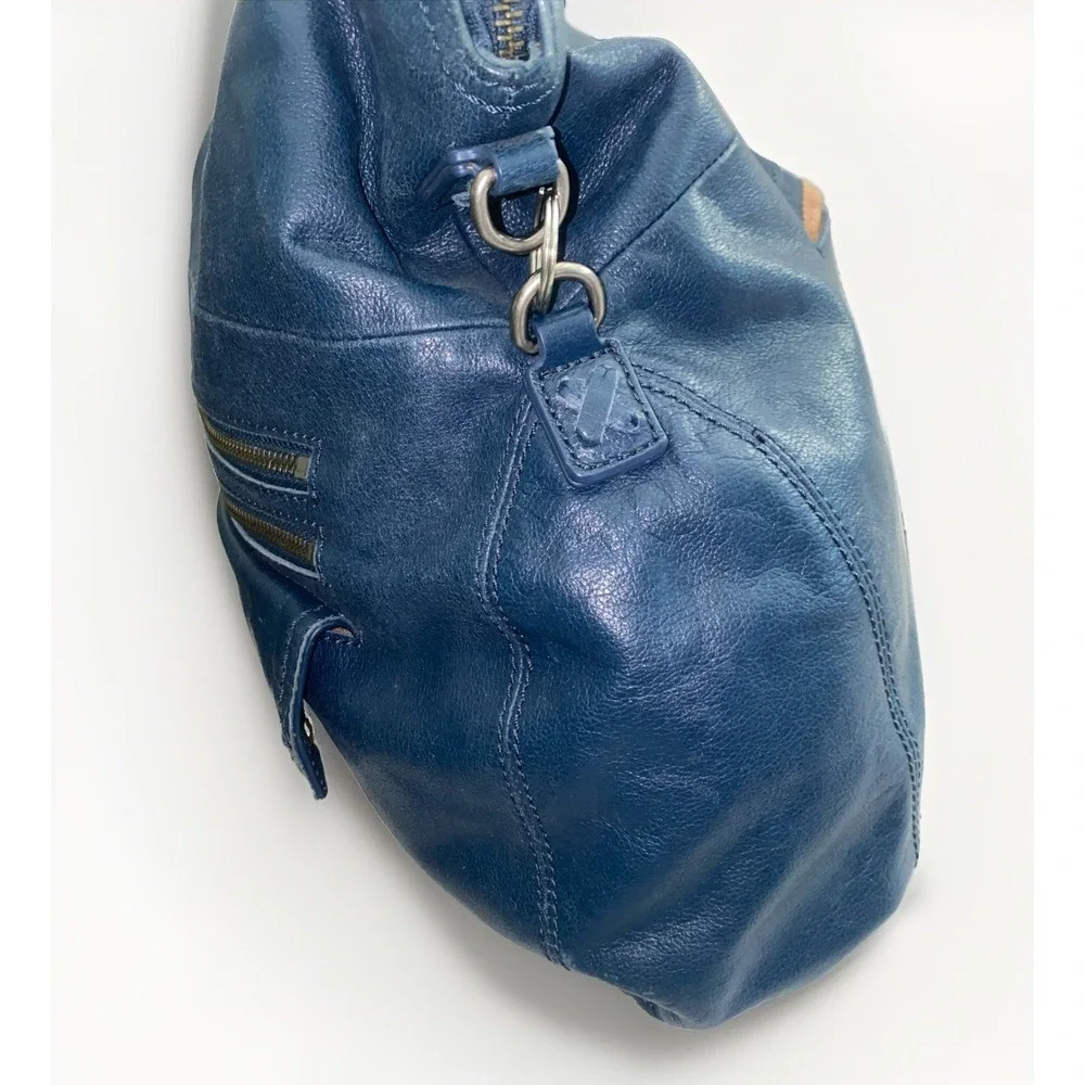 The Sak Blue Genuine Leather Multi Pocket Shoulder Foldover Bag Purse